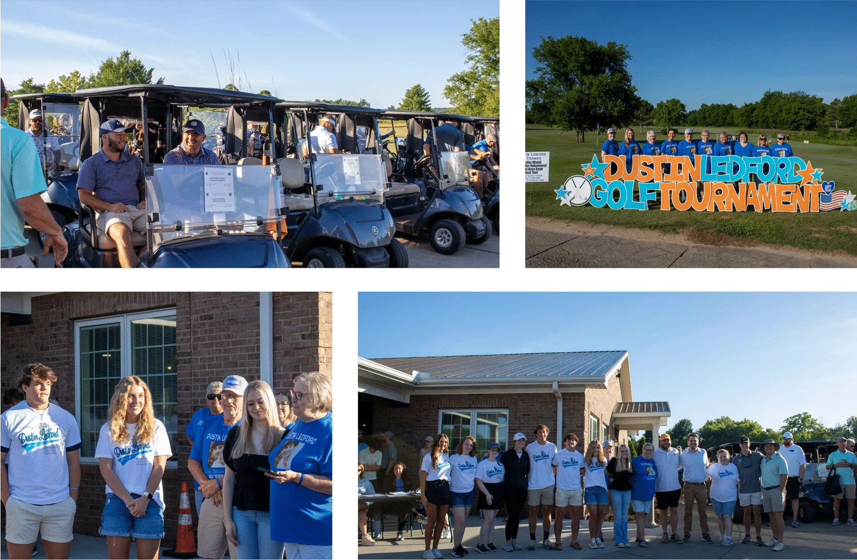 Scenes from the annual Dustin Ledford Golf Tournament: carts lined up, volunteers, the balloon-letter sign, group shots